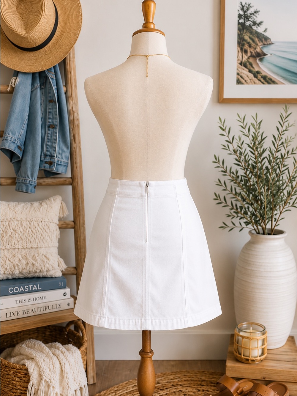 Free People White Denim Mini Skirt Size 8 Cotton Blend Zip Back Boho Coastal - Picture 2 of 5